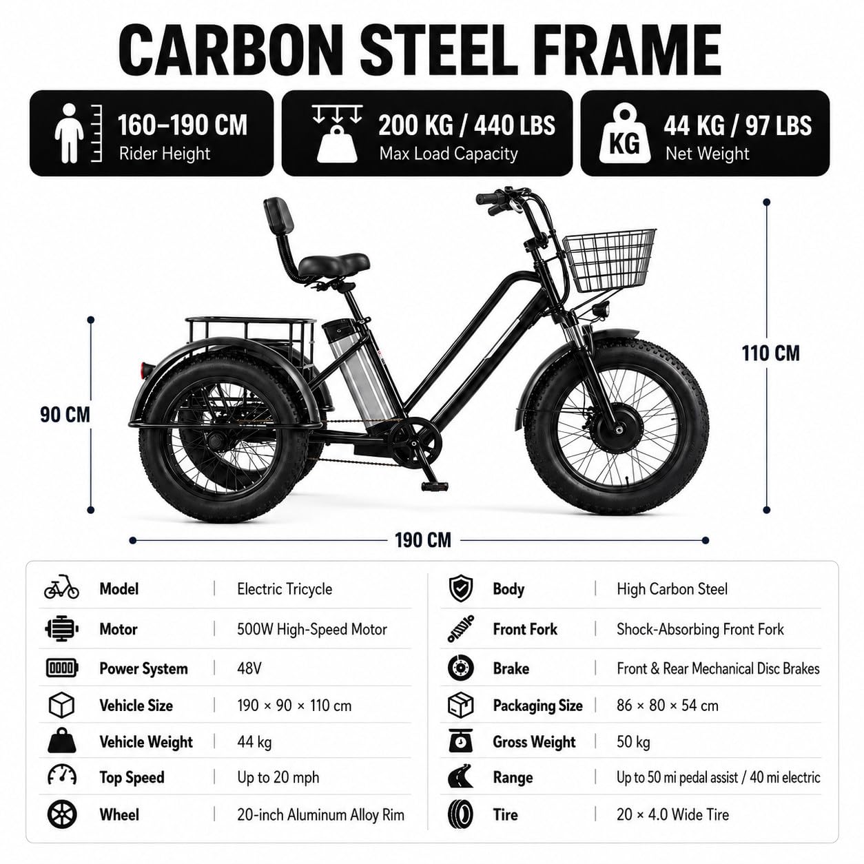 Tricycle électrique pour Adultes – Capacité De Charge 200Kg