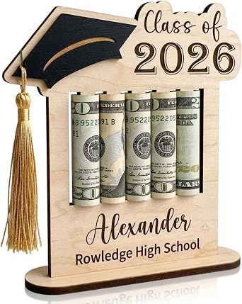 Personalized Graduation Gifts Class of 2026 Money Holder - Custom Name & School Graduation Money Gift Holder for Him Her, Senior Wooden Cash Display Standing Scroll Holder, Unique Graduate Keepsake