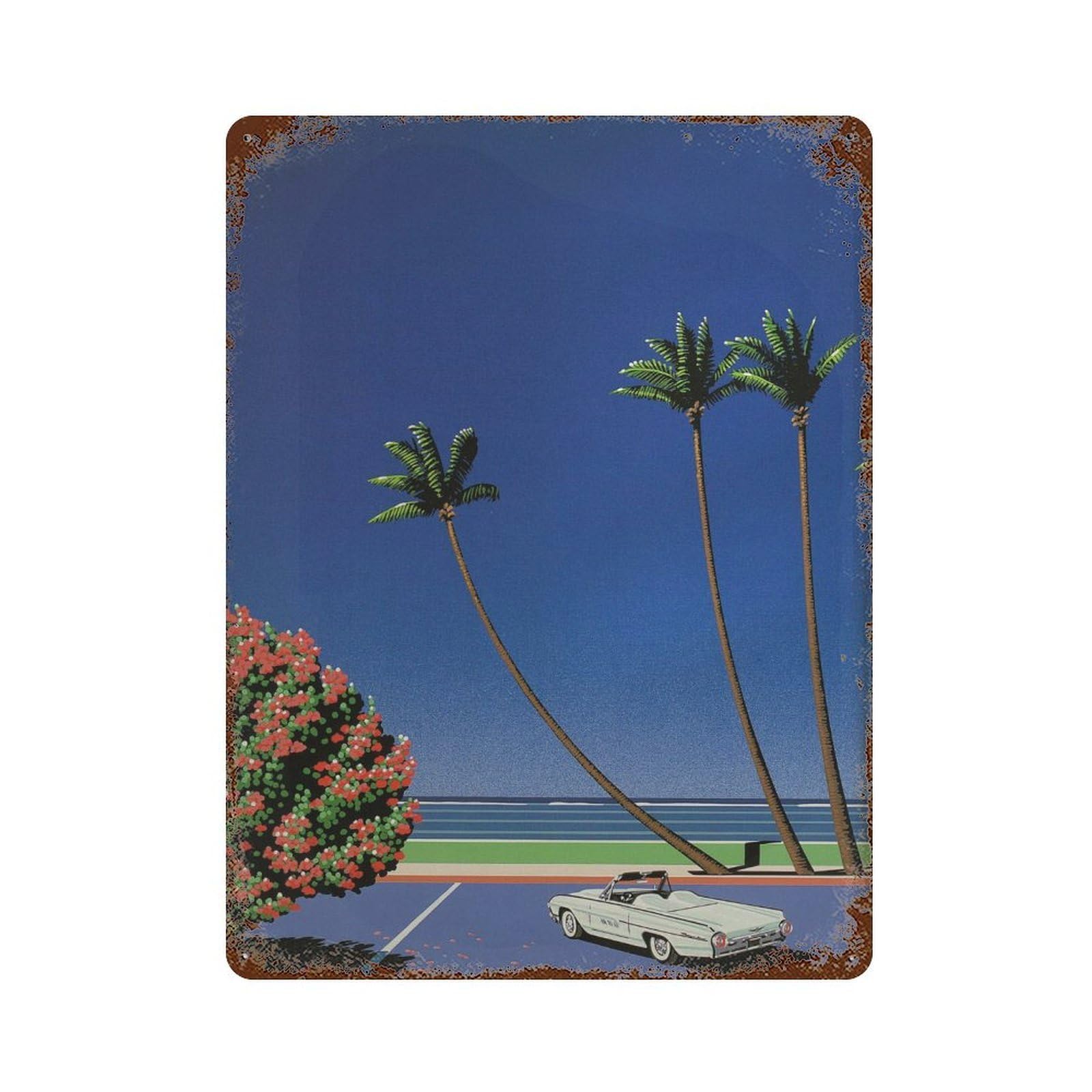 xiaoxiaoshen Convertible Car. Hiroshi Nagai City Pop Retro Coastal Wall Decor Art Metal Tin Poster Modern Home Decor Art Home Bar Shop Decorations Vintage Sign 40x30cm