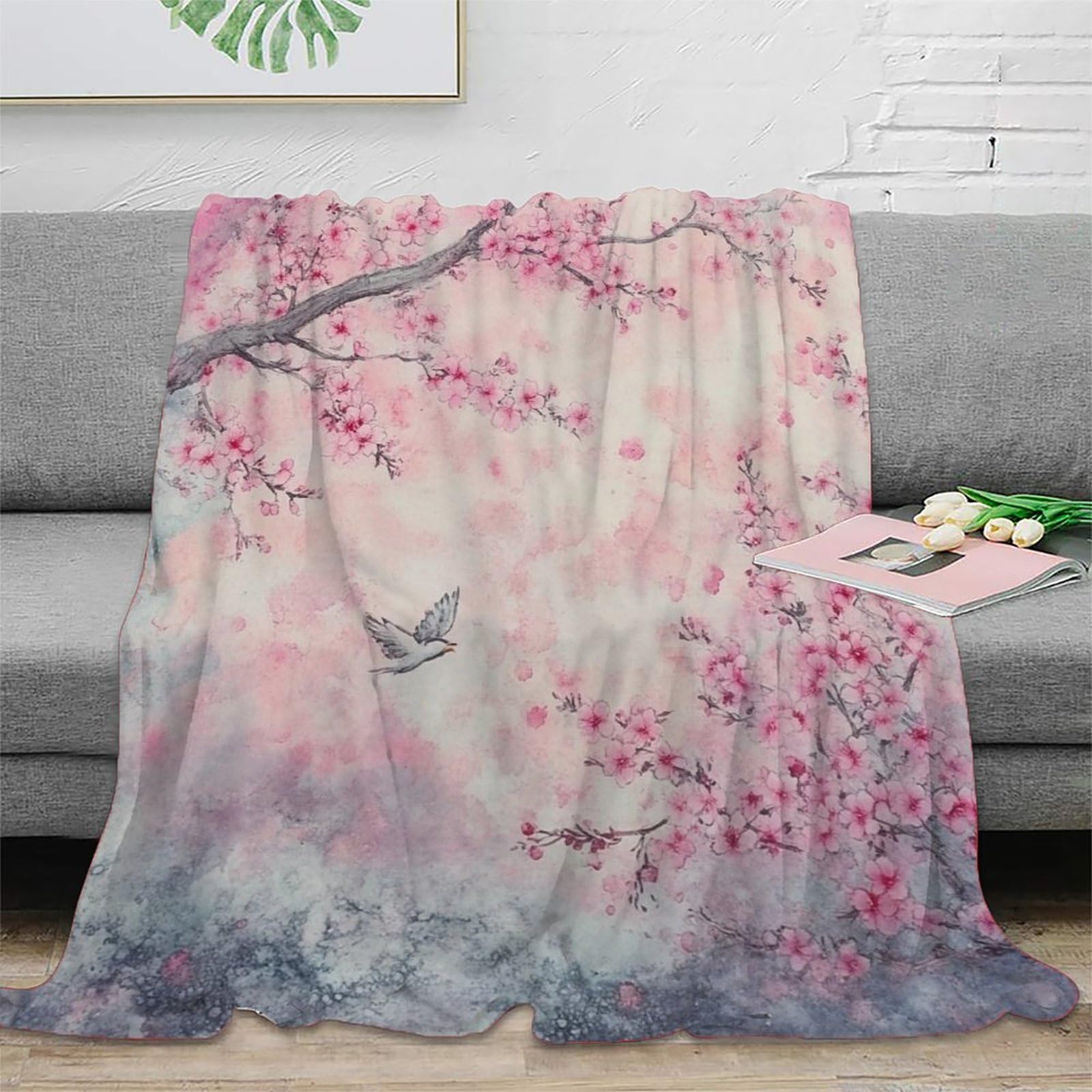 Jeté de canapé fleurs de cerisier plaid de voyage aquarelle compact pour camping
