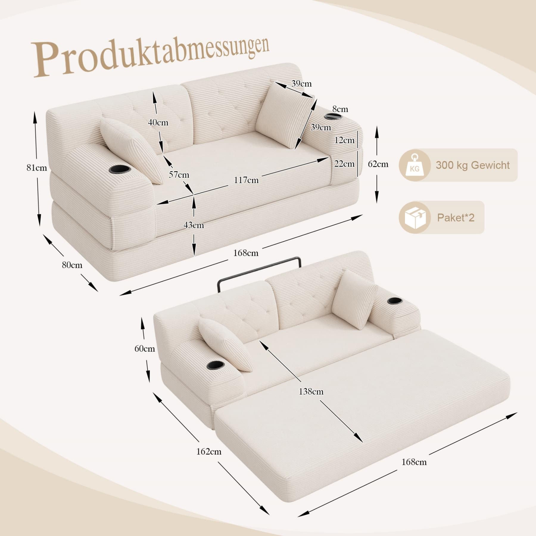 YEHTOKHOME - Sofá de Velor acanalado con respaldo alto y estructura metálica, sofá moderno de 2 plazas con 2 portavasos y 4 bolsillos laterales, para salón, dormitorio (Beige)