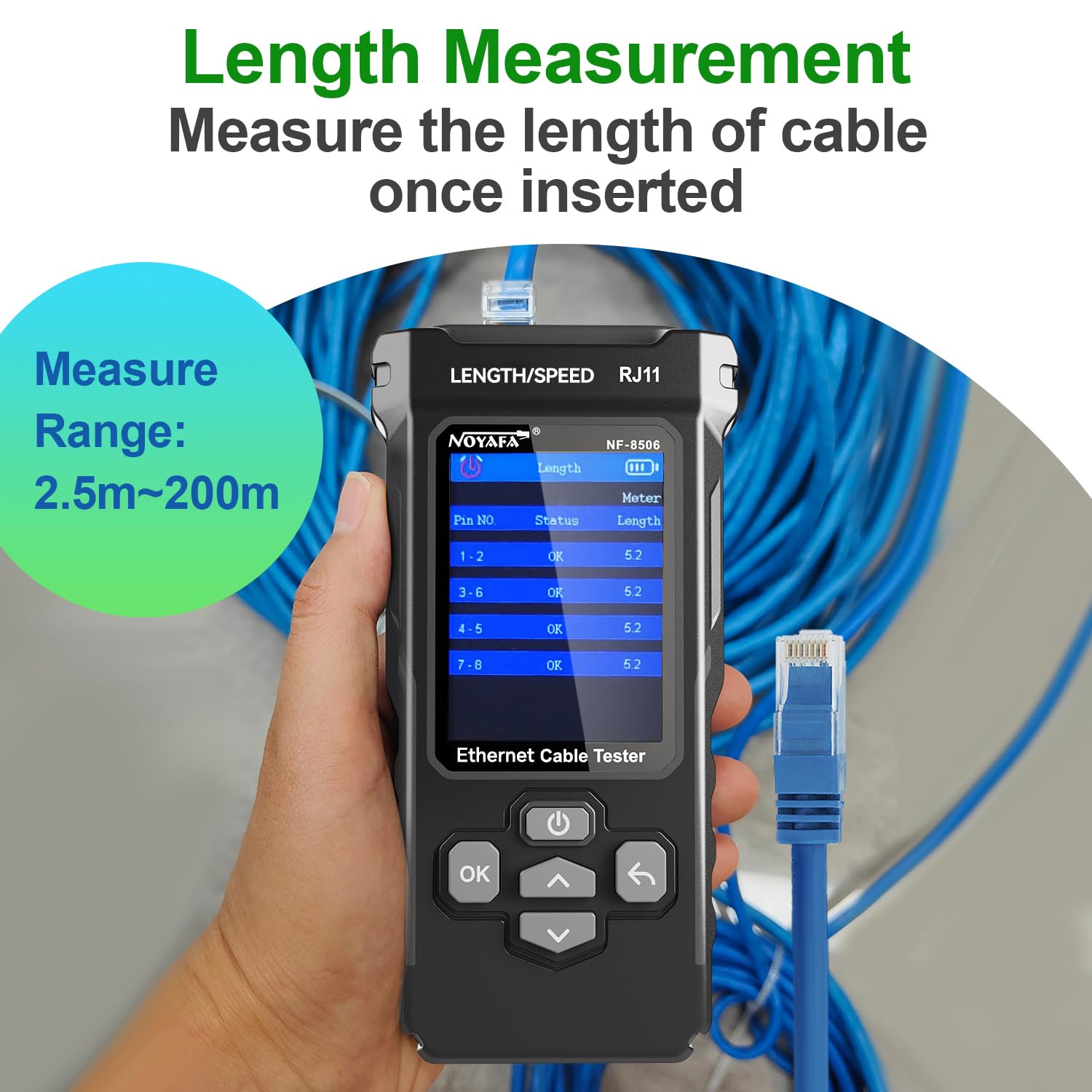 NOYAFA NF-8506 Tester di Cavi di Rete – Tester Ethernet con Ping, Scansione IP e TDR, Test Velocità Rete, Lampeggio Porte, Rilevatore Cavi RJ45 RJ11, CAT5 CAT6