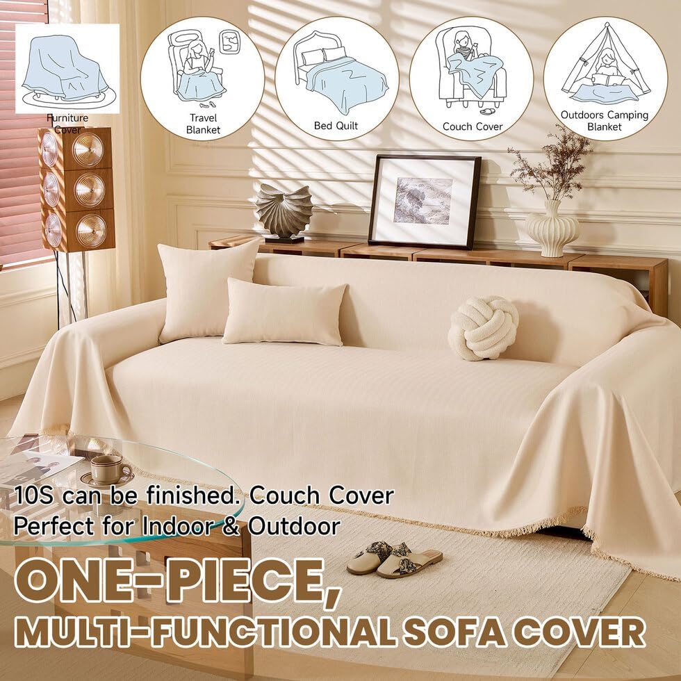 ROOMLIFE Boho Couch Covers White for 3 Cushion Sofa,Couch Cover Sectional Sofa Cover for Dog, Washable Furniture Sofa Protector Cover Soft Blanket with Tassel for Living Room, 71''X134''