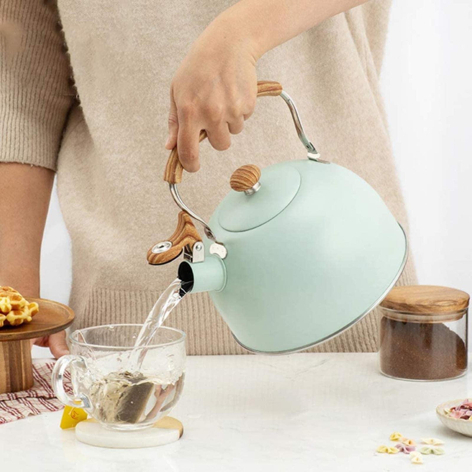 2,5 liter fluitketel, roestvrijstalen fluitketel, met anti-brandende handgreep, uitgerust met thermometer, geschikt voor alle soorten kookplaten/fornuizen, inclusief inductie, zwart