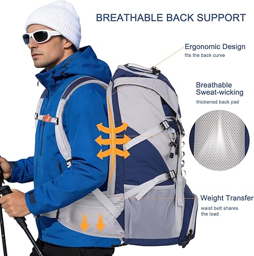 Miniatura 6 de MOSISO Mochila de senderismo de 50 L, mochila impermeable para acampar con cubierta para lluvia para hombres y mujeres, mochila deportiva ligera