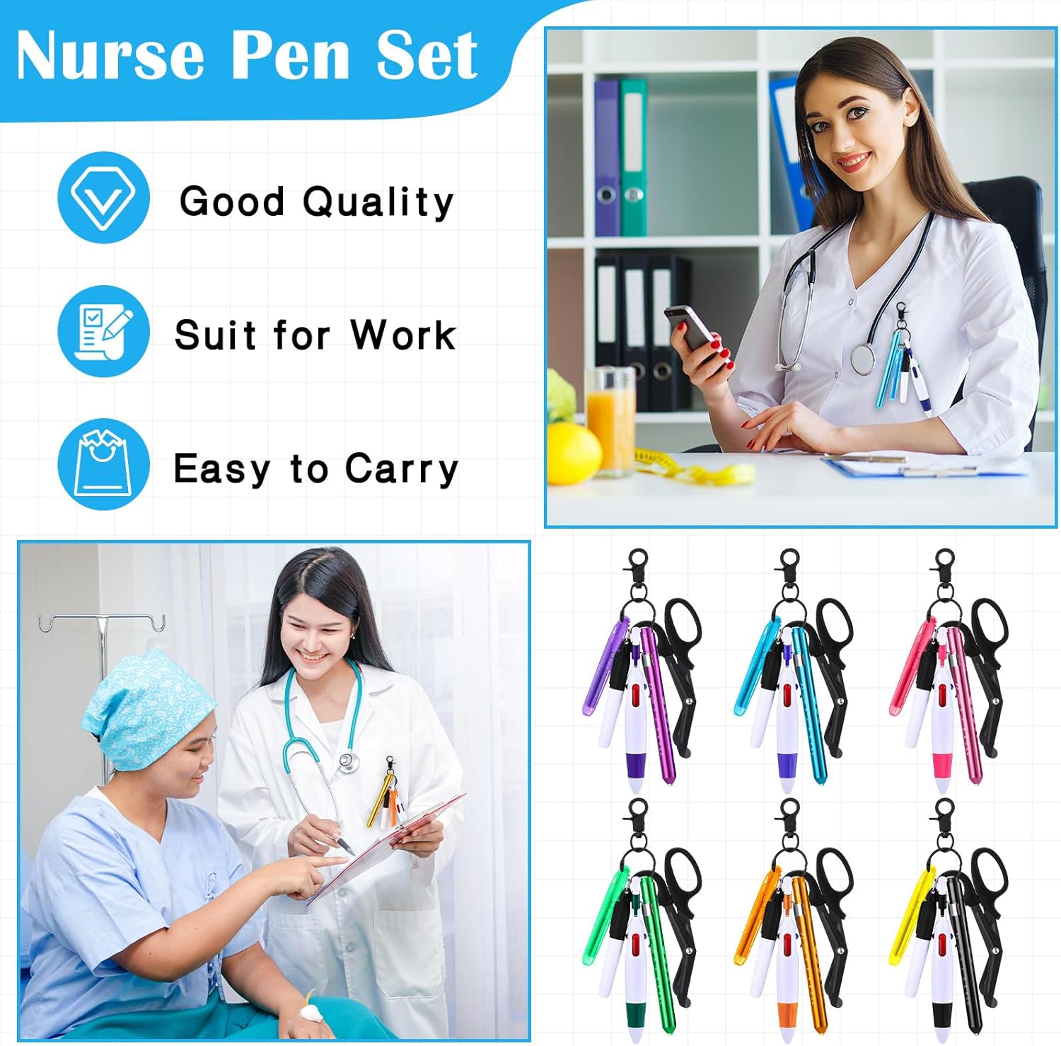 Geiserailie 36 Pcs Nurse Week Gift Retractable Pen Set with Permanent Marker Penlights Scissors Ballpoint Pens Highlighter Work Badge Accessories Kit for CNA Nurses Medical (Mix Color)