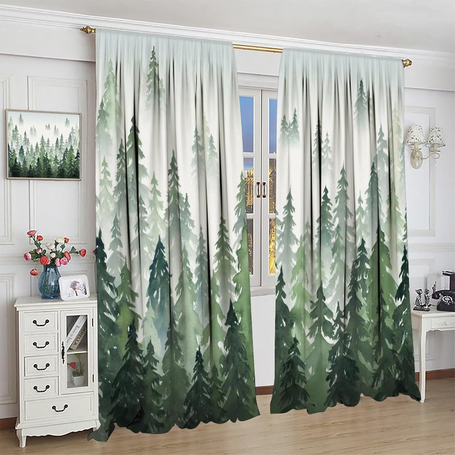 Green Forest Tree Curtain, Pine Coniferou Trees Forest Watercolor Design Room Darkening Door Window Rod Pocket Curtain for Bedroom Living Room 42x45in