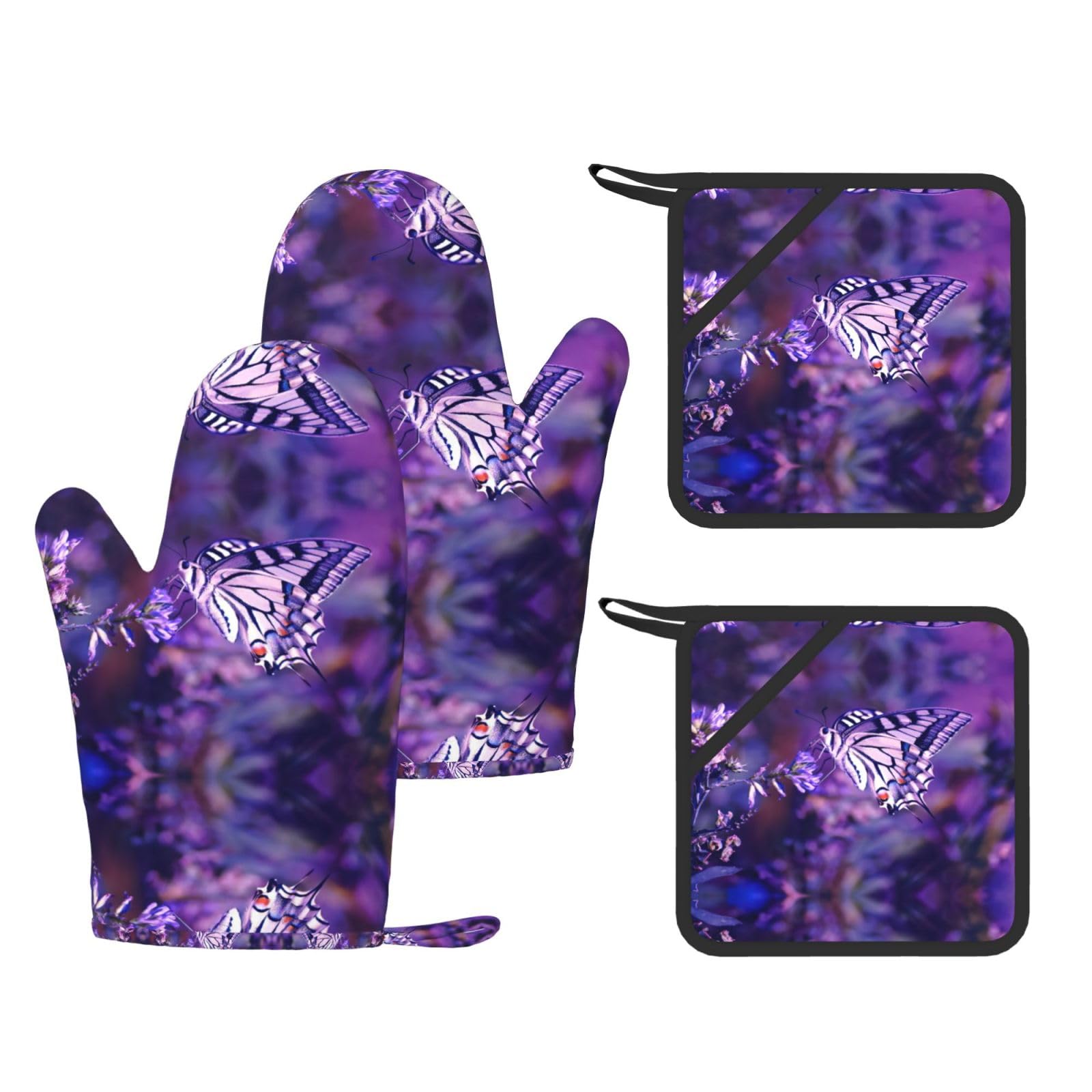 Butterfly Trendy Printed Kitchen Set with Heat Resistant Gloves & Non-Slip Hot Pads for Baking & Grilling