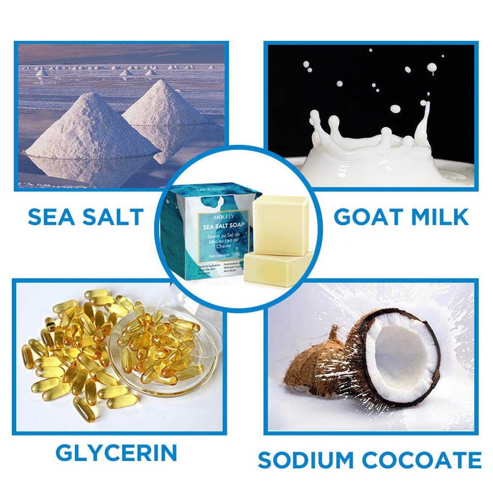 MOULLY Savon Lait de Chèvre, Savon au Sel de Mer Naturel Exfoliant, Anti Acné Cicatrices de Points Noirs et d’acné Savon Anti-Cellulite pour Soulager l'eczéma, Visage et Corps