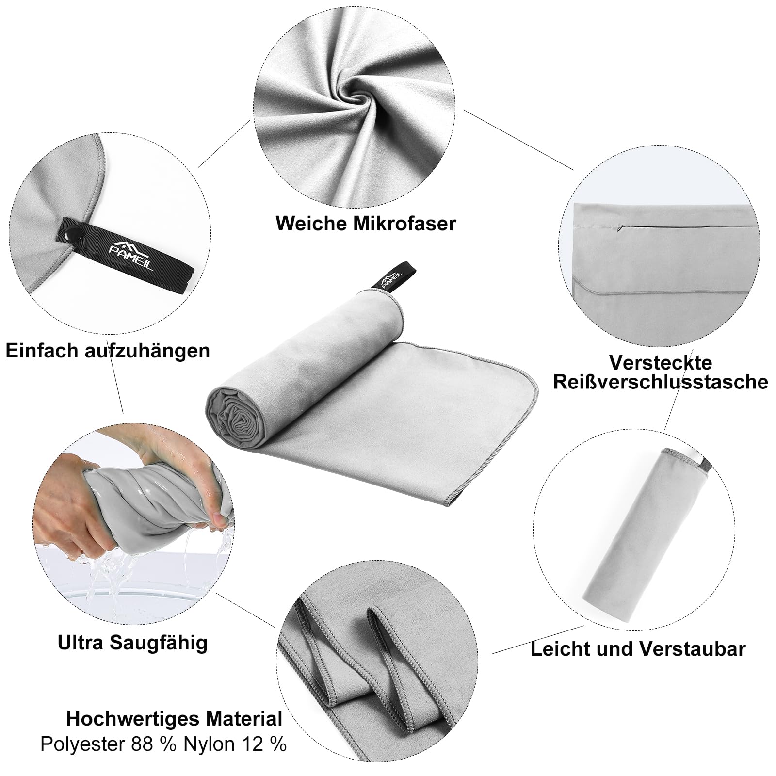 Pameil Asciugamano Palestra | 120x50cm Asciugamano Microfibra Con Tasca Con Cerniera | Asciugatura Rapida, Leggero, Assorbente Asciugamani Mare Microfibra e Asciugamani Palestra Fitness