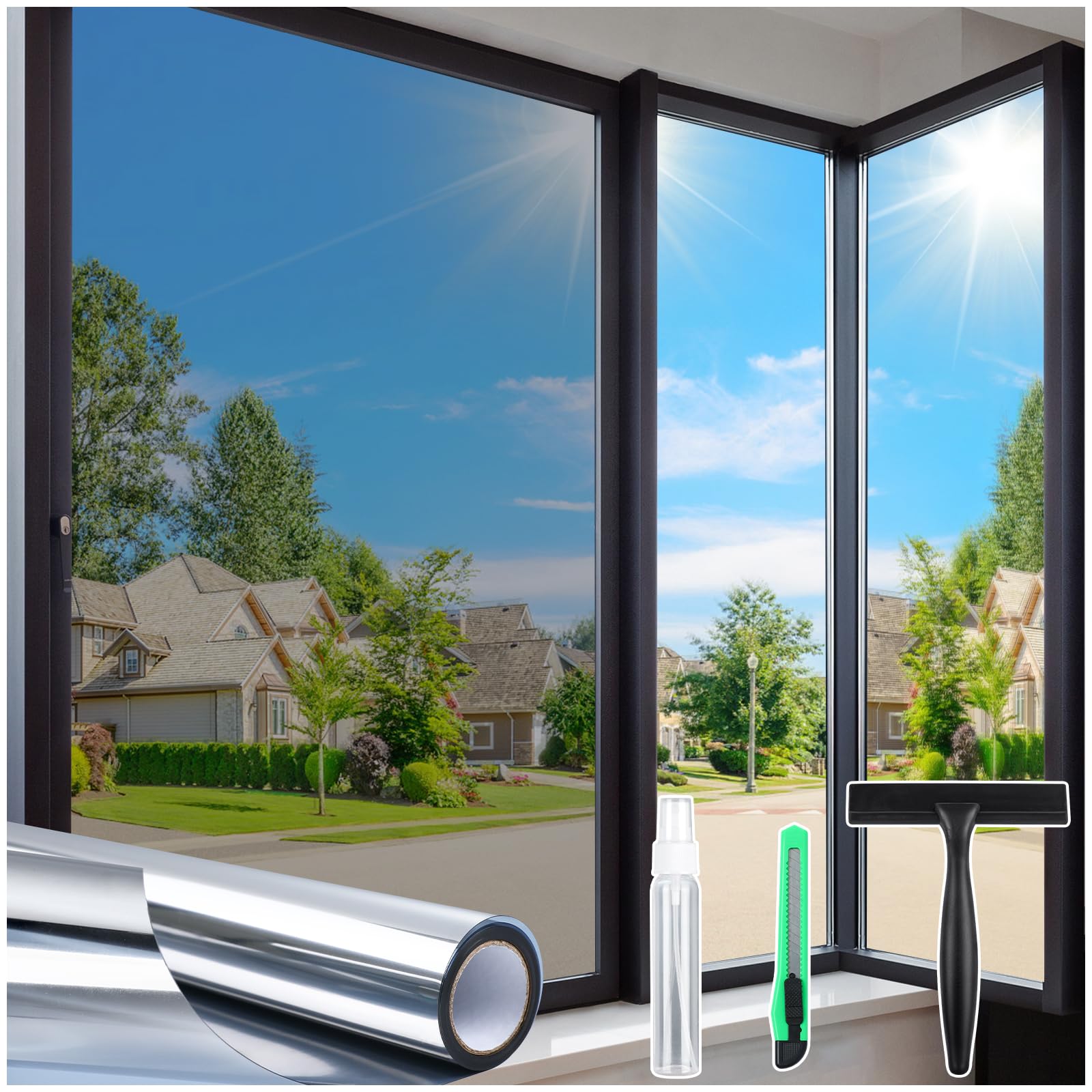 homein one way privacy window film with tool window tint for home see out not in heat control sun blocking mirror reflective anti uv covering static cling no glue sliver 35.4" x 157.4"
