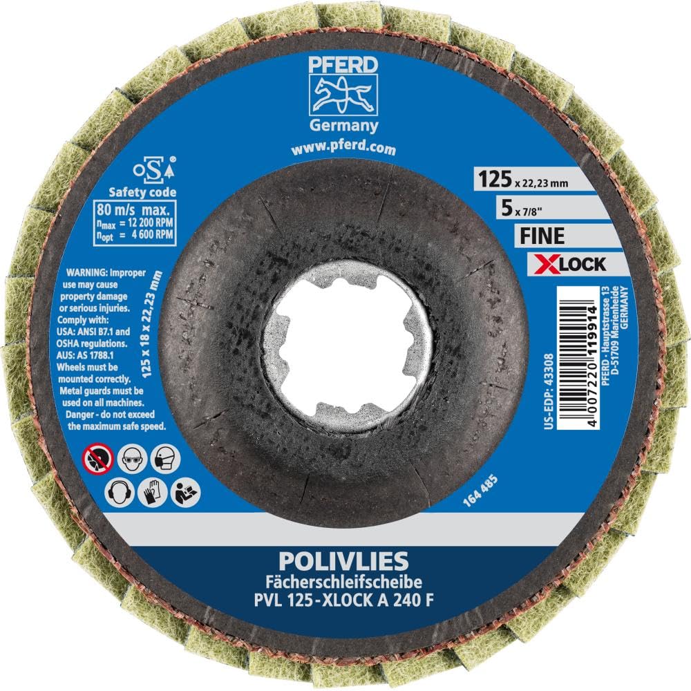 PFERD TOOLS POLIVLIES-Fächerscheibe, 5 Stück, 125mm, A240, fein, X-LOCK (22,23 mm), 44694213 – für schnelle und komfortable Werkzeugwechsel, scheiben-ø 125 mm