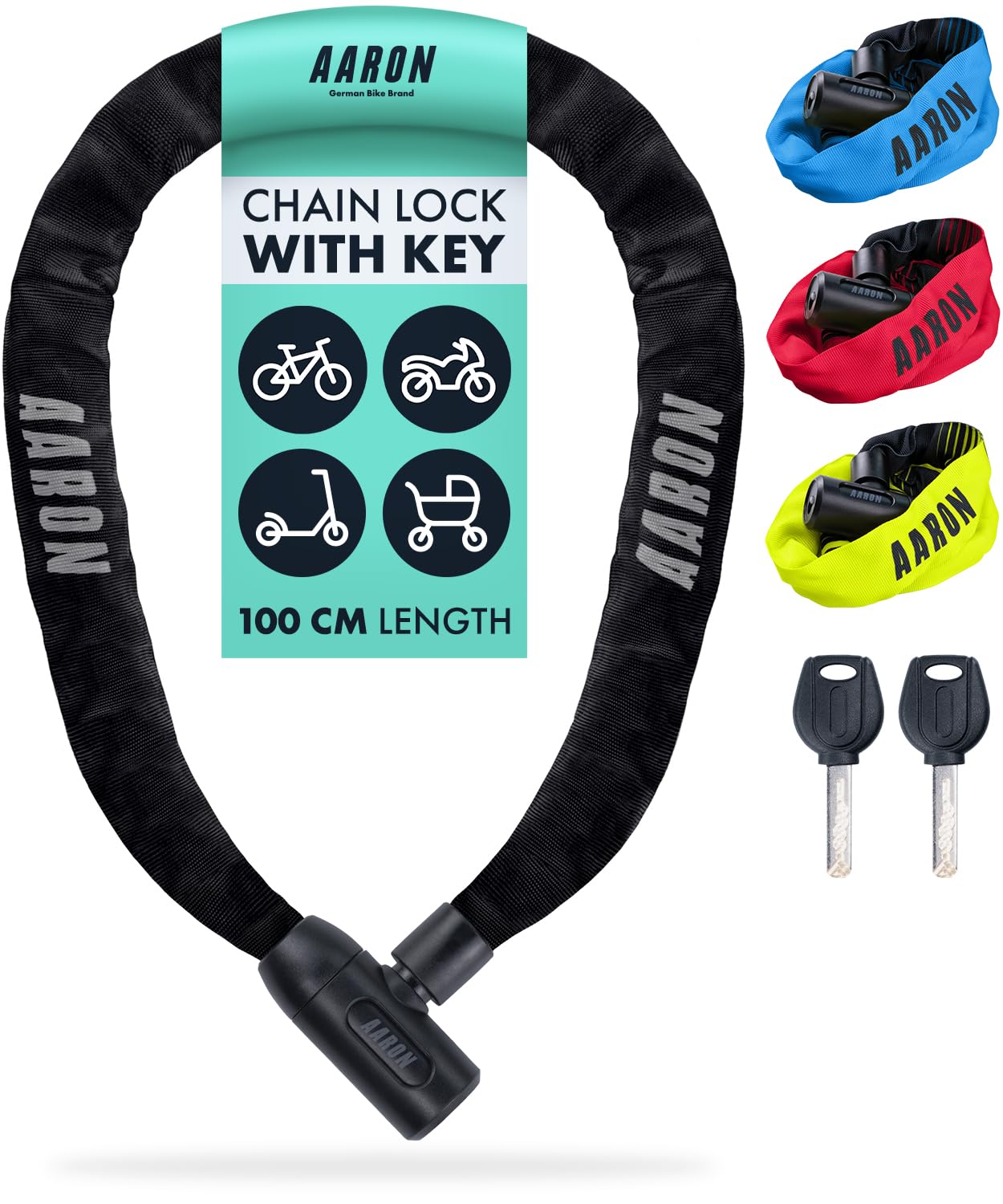 AARON Lock One Bicycle Lock with Key, Steel Chain Lock and High Security Level, Lock for Electric Bike, Mountain Bike, Trekking Bike, Touring Bike, Road Bike in Black