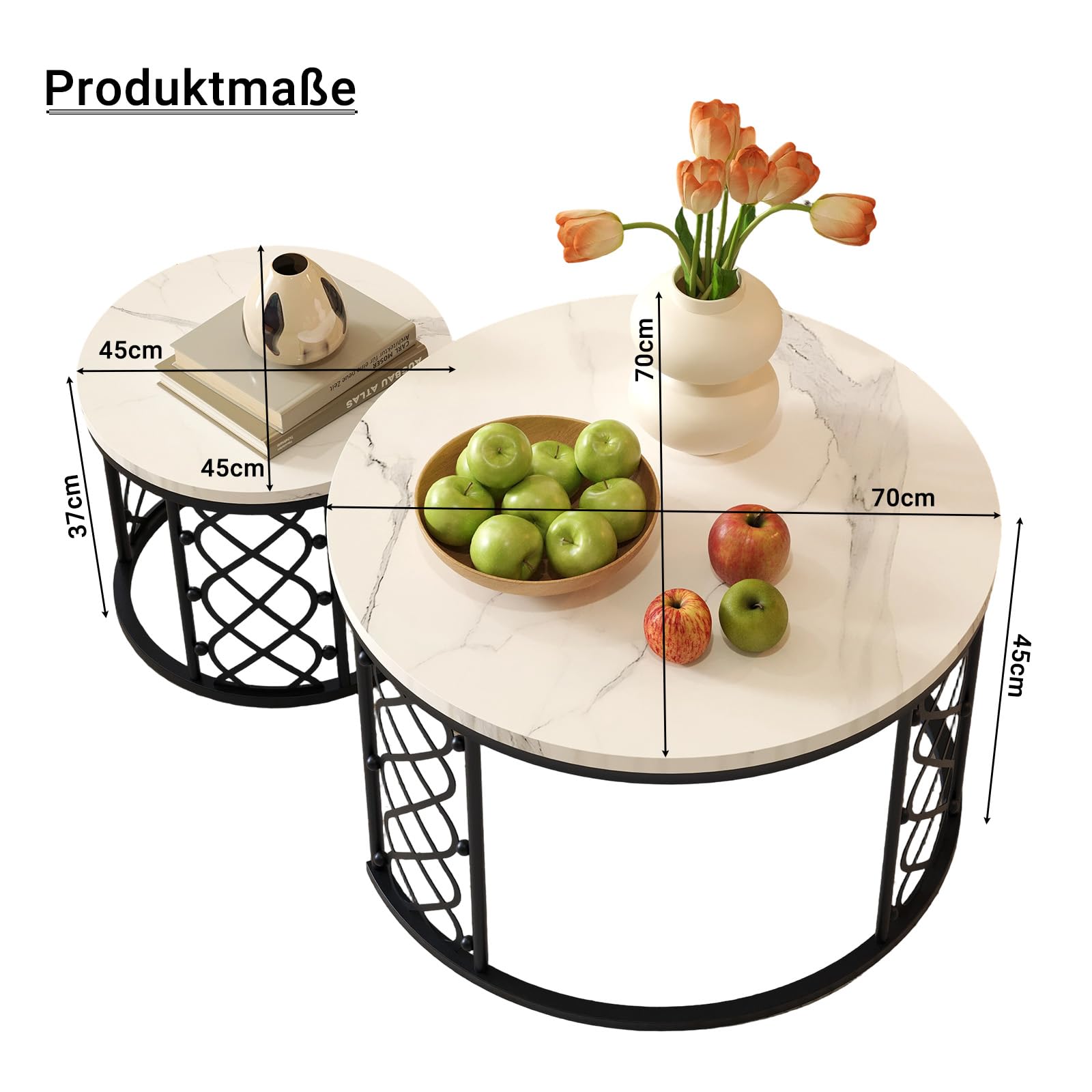 okwish 2er Set Runde Couchtische mit hohler Herz-Design-Optik, Moderne Beistelltische fürs Wohnzimmer, Weißes MDF Tischplatte für Wohnzimmer, Balkon & Büro, Schwarze Beine, 80x45 cm