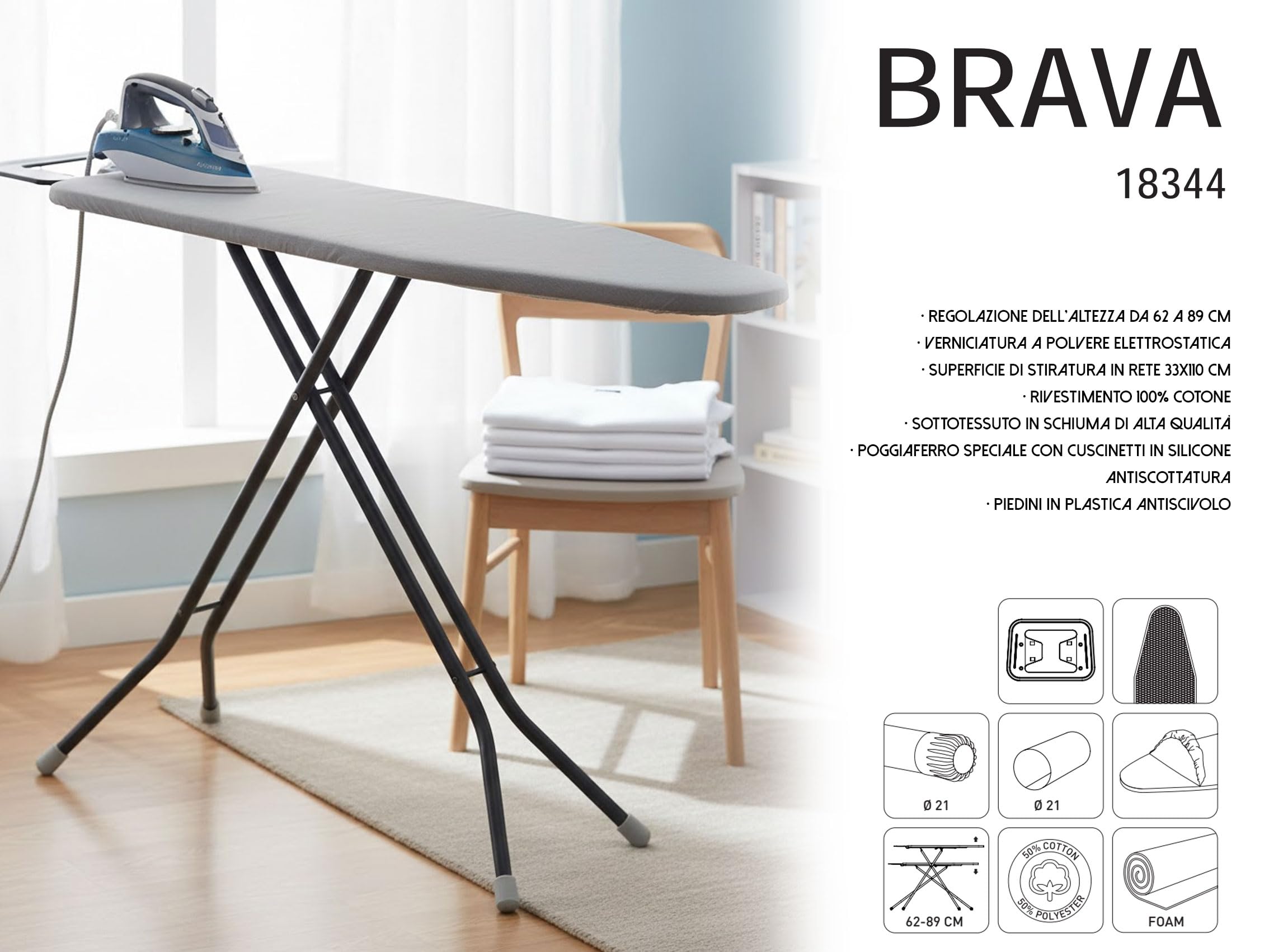 HYTAMA TOOLS - Bügeltisch BRAVA 33 x 110 cm aus Stahl mit klappbarem Hebel, platzsparend mit Bügeleisenablage + Wäscheständer EGE WINGSLUX schwarz für den Boden, 18 m Trockenlänge, Stahl