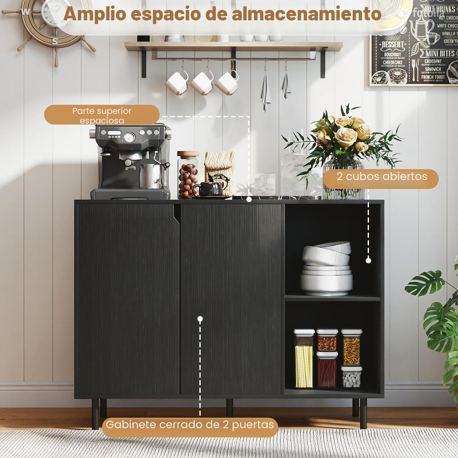 GIANTEX Aparador Buffet de Cocina con 2 Puertas, Armario con Estantes Ajustables y Patas Metálicas, 106 x 38 x 80 cm, con Kit Antivuelco, Mueble de Almacenamiento para Comedor, Salón (Negro)