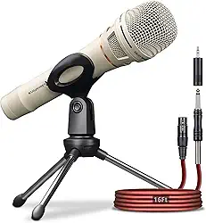 Microfone dinâmico - Microfone vocal profissional para cantar - Microfone portátil com fio com cabo de áudio XLR de 4,9 m para 1/10.2 cm - Microfone para fala, estúdio e performance ao vivo