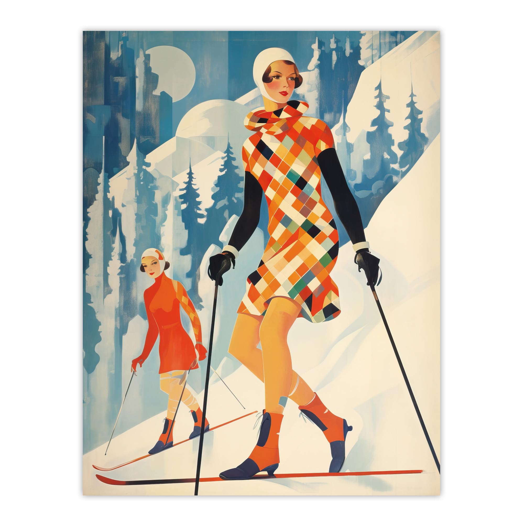 Wee Blue Coo Klosters Chic Fashion Skier Women Going Down Slopes Orange Blue Bright Retro Oil Painting Large Wall Art Poster Print Thick Paper 18X24 Inch