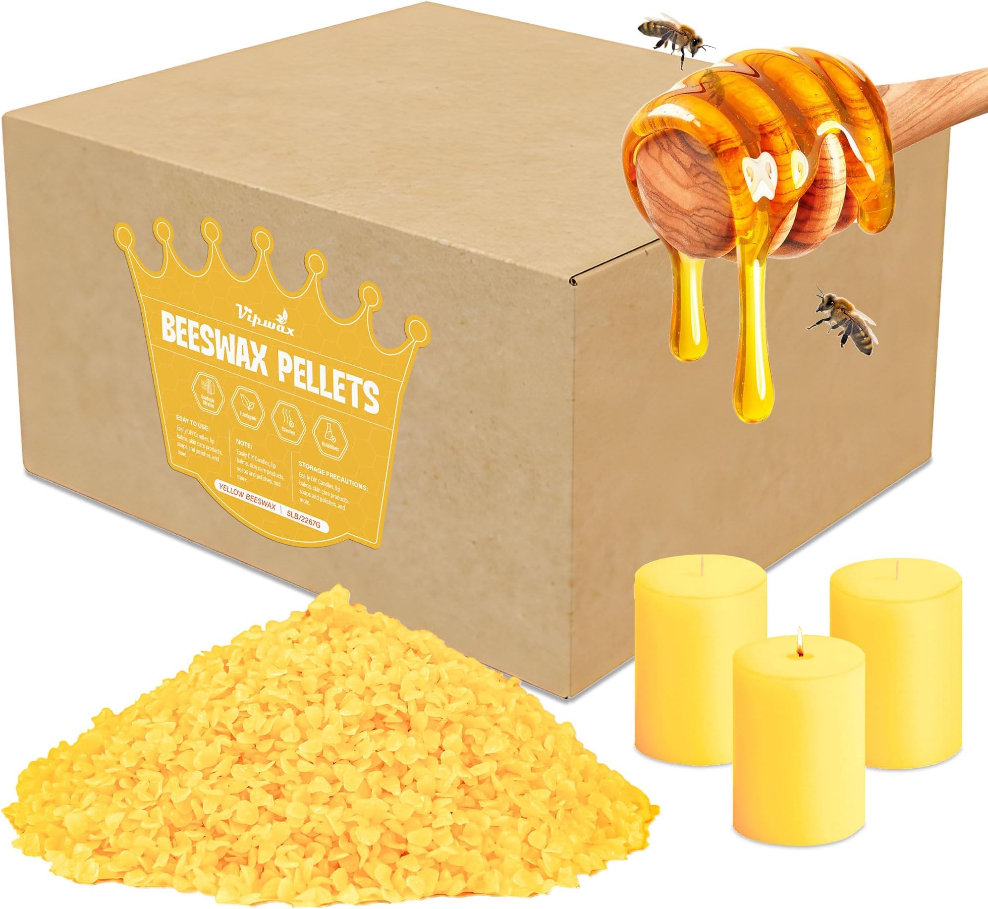 VIPwax Yellow Beeswax Pellets 5LB(2265g), Natural Organic Beeswax