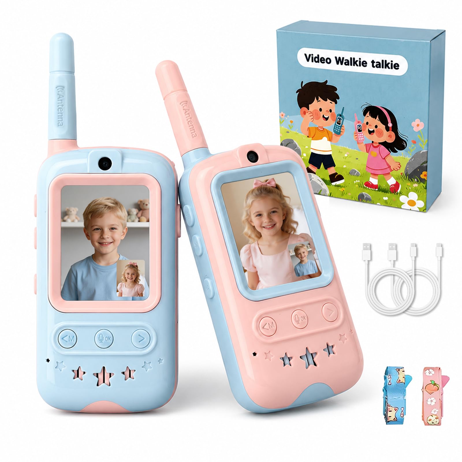 SIHUADON Video Walkie Talkies for Kids, 2 Pack Screen Walkie Talkie Toys with Voice Effects, Outdoor Camping Adventure Travel Gifts for Boys Girls Ages 3-12 (Blue & Pink)