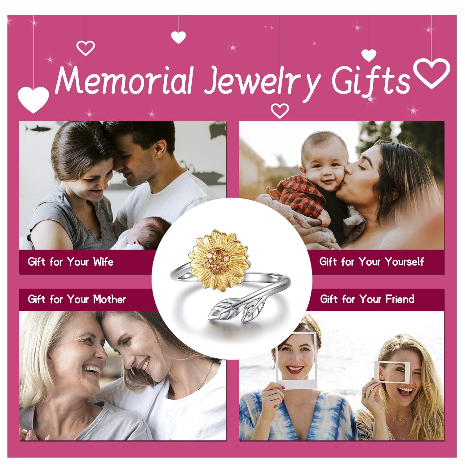 Sunflower Cremation Ring for Ashes - 925 Sterling Silver Adjustable Cremation Urn Jewelry You Are My Sunshine Daisy Memorial Keepsake Locket For Mother Daughter Wife Women Human Ash - Image 4