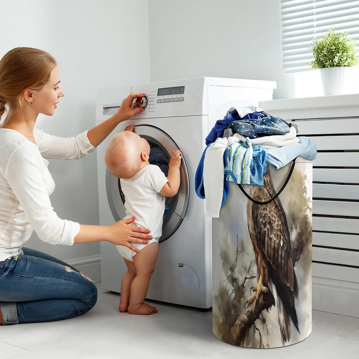Watercolor of Hawk Sitting in The Tree Laundry Hamper Portable Lightweight Clothes Hampers Fashion Dirty Laundry Storage Basket Large Capacity Foldable Clothes Baskets for Bathroom Bedroom