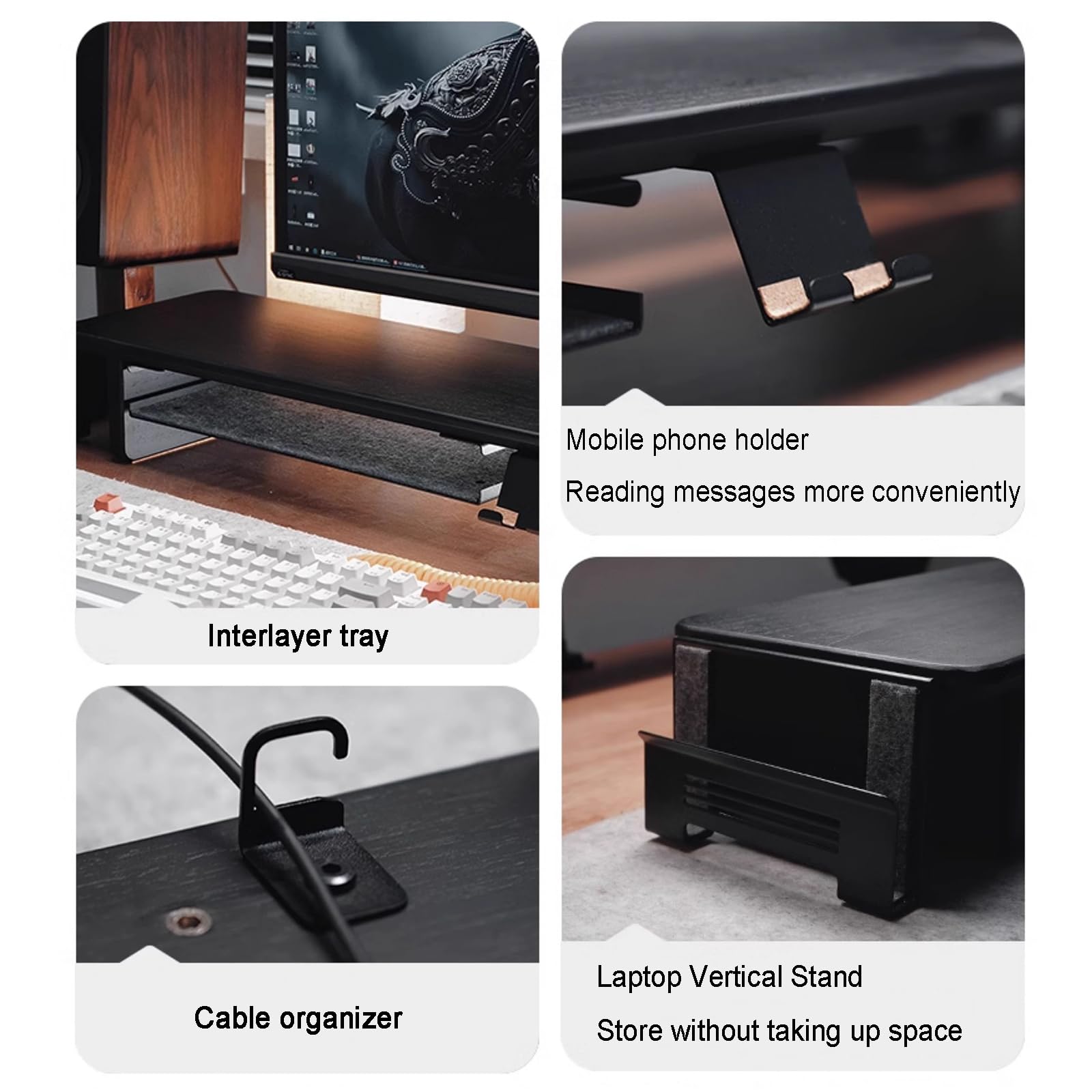 Supporto per monitor in legno, organizer da scrivania per computer con spazio per smartphone, laptop, auricolari e gestione dei cavi