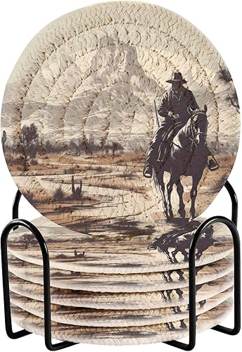 Western Cowboy - 6 posavasos absorbentes para protección de mesa, hechos a mano, redondos, tejidos, con soporte y resistente al calor al agua,