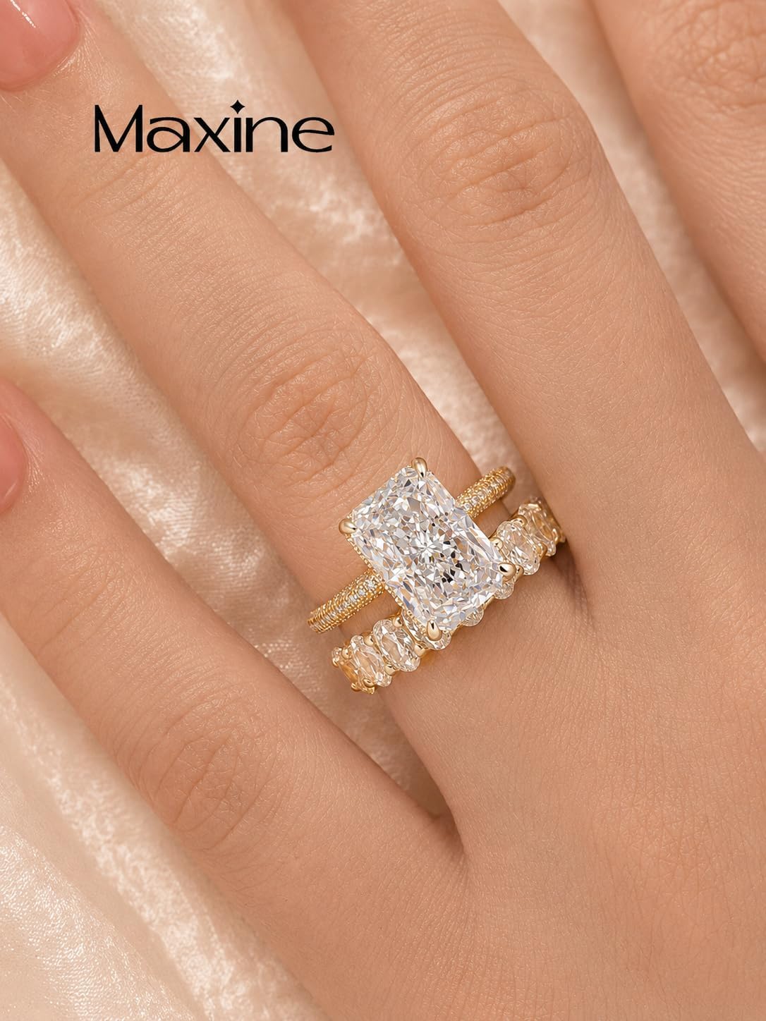 Maxinejewelry 4.5 Carat Radiant Cut Wedding Ring Set for Women,Extra-thick Gold Plated S925 Silver Engagement Ring and Half Eternity Wedding Band Set