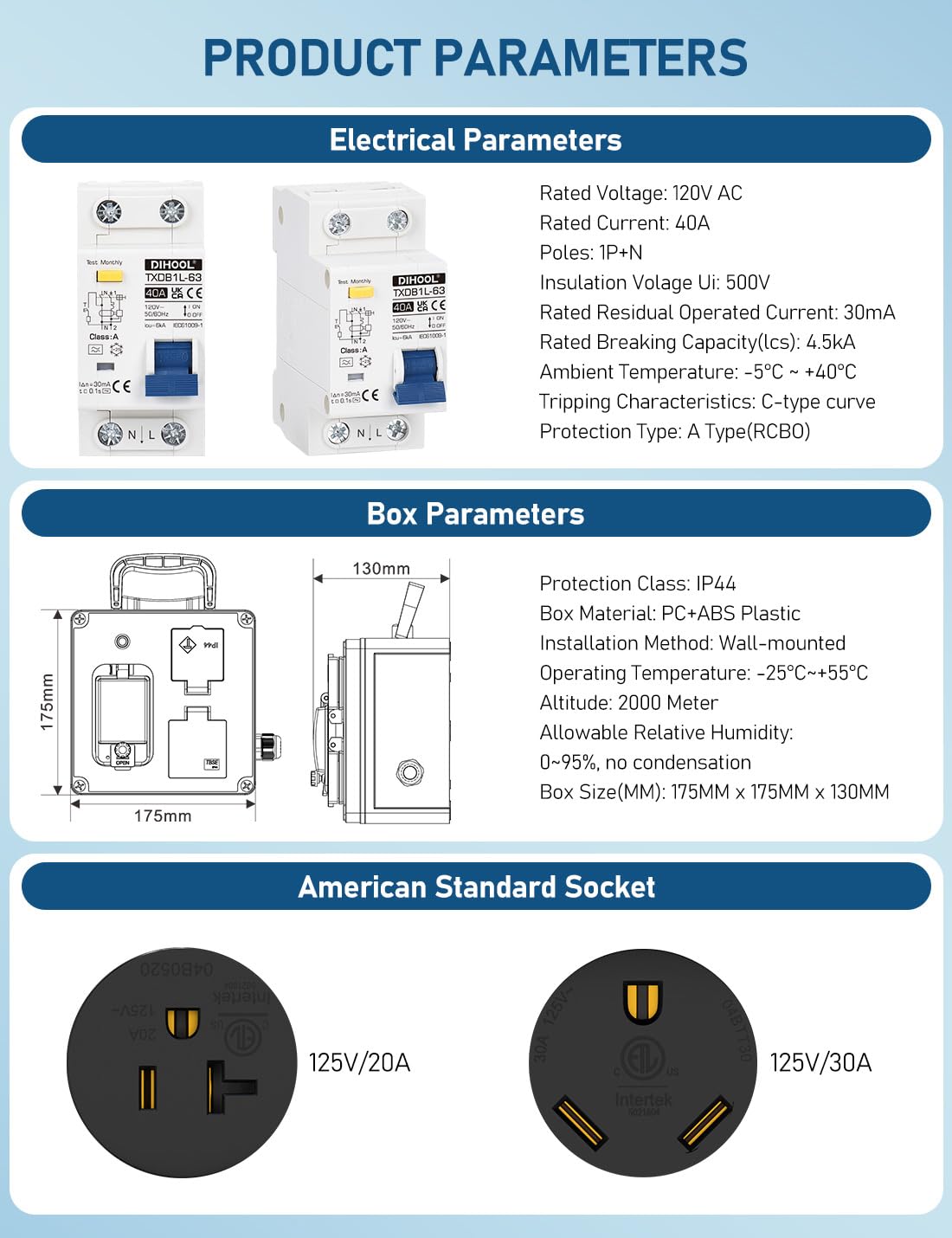 DIHOOL RV Outdoor Outlet Box with 30 amp NEMA TT30, 20amp L5-20 Receptacles and Type A 40 amp 30ma GFCI Circuit Breaker, Pre Wired, 125V Portarble Temporary Power Distribution Box, IP44 Waterproof - Image 2