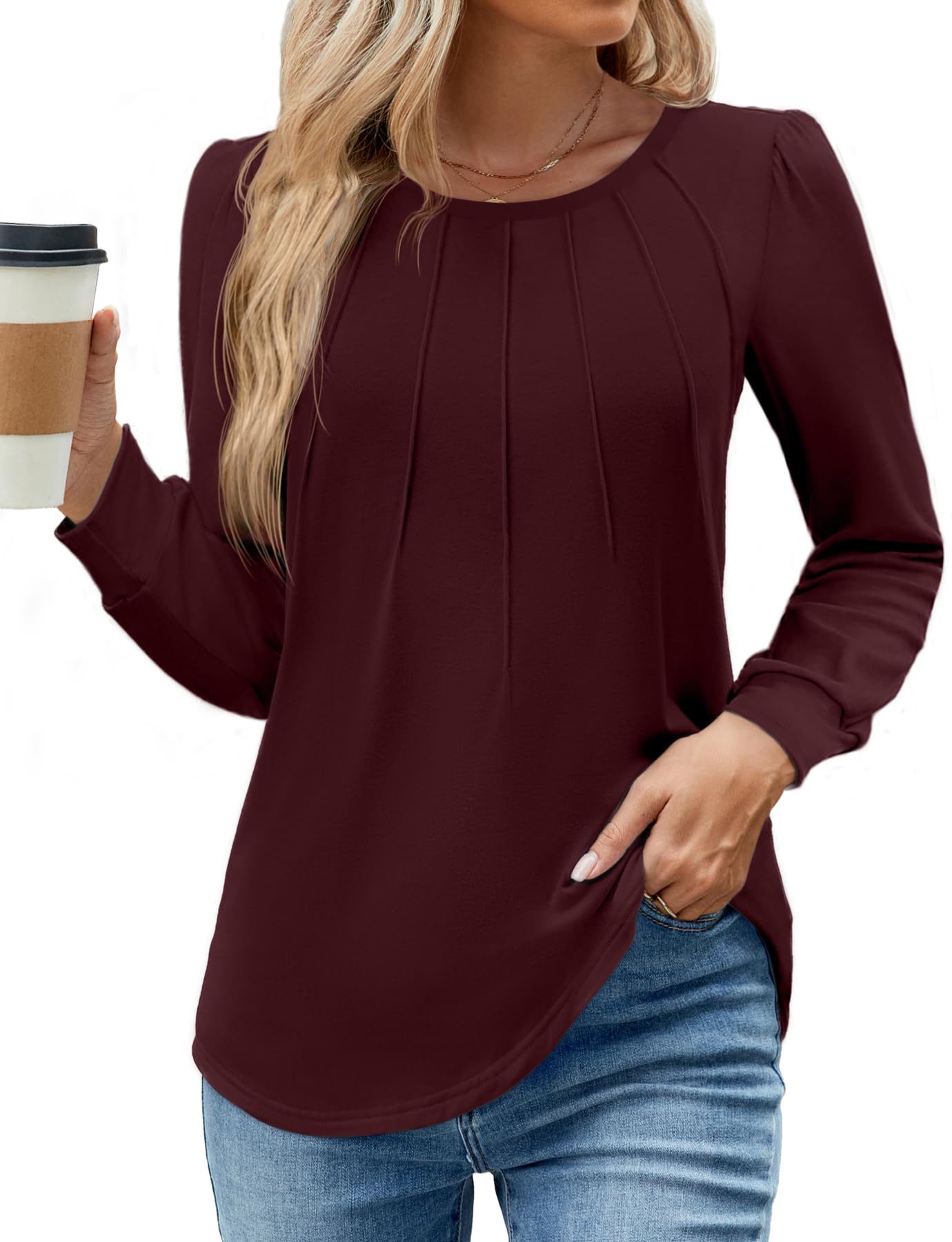 WEACZZY Women Long Sleeve Shirts Crew Neck Tunic Tops Soft Casual Blouses Creased Design Curved Side Hem Fashion Outfits 2026