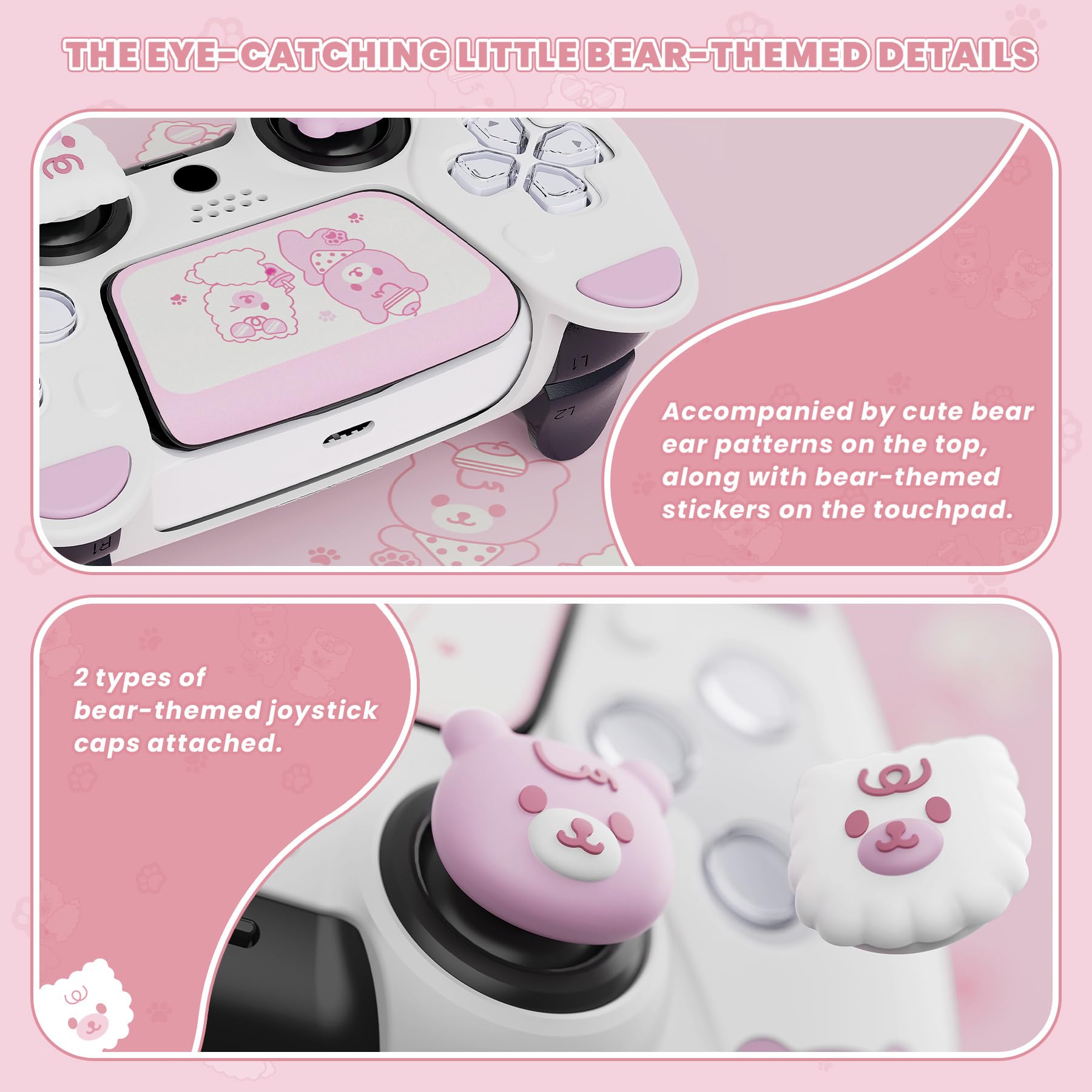 PlayVital Cover Controller per ps5 Joystick,Custodia Protettiva Silicone Skin Antiscivolo&Copri Levette Analogiche&Adesivo Touchpad,Orso Carino,Bianco&Rosa