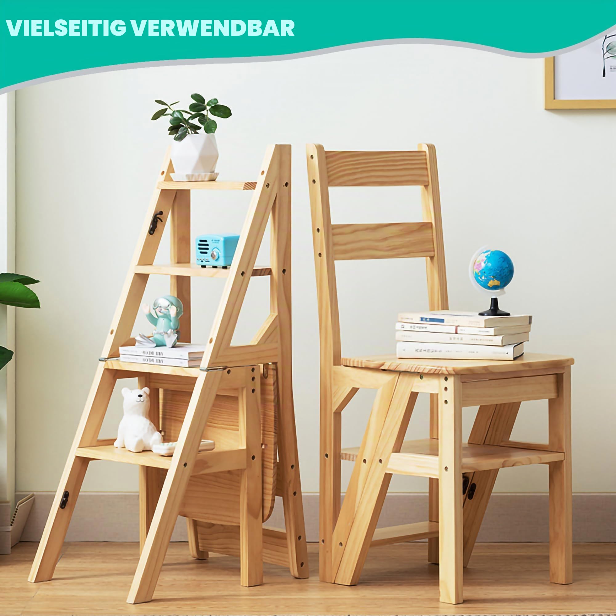 Stufenleiter,Trittleiter 4 Stufen Klapp 2-in-1 Leiter und Stuhl Tritthocker Klappbar Holztrittleiter Haushaltstritt Stehleiter Bis 180 kg Belastbar Geeignet für Küche Zuhause Bibliotheken