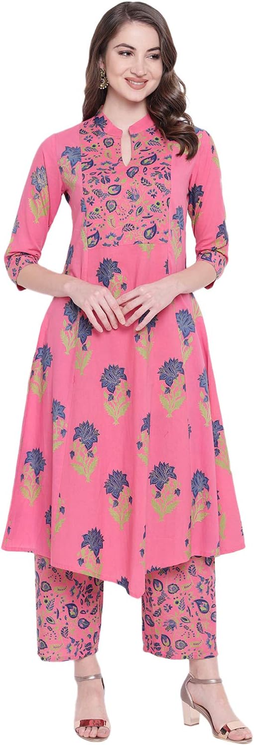 Khushal KWomen's Cotton Printed Kurta With Palazzo Set (Pink)