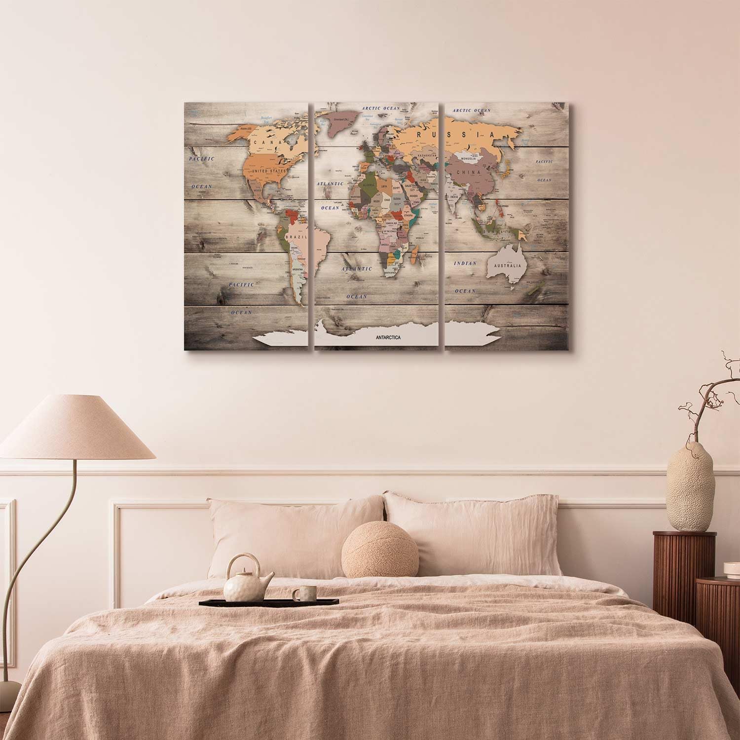 B&D XXL - Lavagna Di Sughero per Puntine - Mappa Mondo 120x80 cm 3 Pezzi - Bacheca Sughero da Parete & Quadri Componibili in un Uno - Grande Decorativo per Parete per le Note - Terra k-C-0035-p-g
