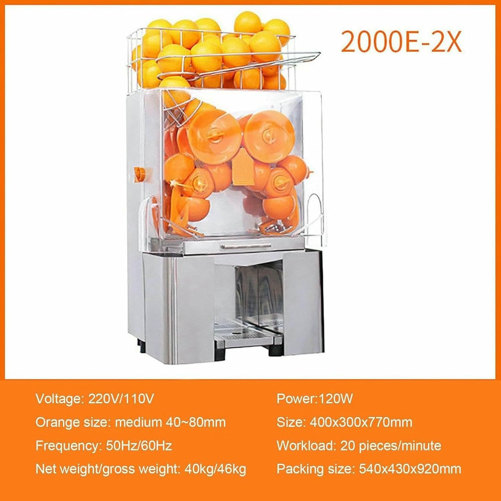 Exprimidor de Jugo automático de masticación Lenta de 120 W, exprimidor de Naranjas Comercial (22-30 Unidades/min), para Naranjas de 4 a 8 cm, zumos, cítricos y Pomelo.
