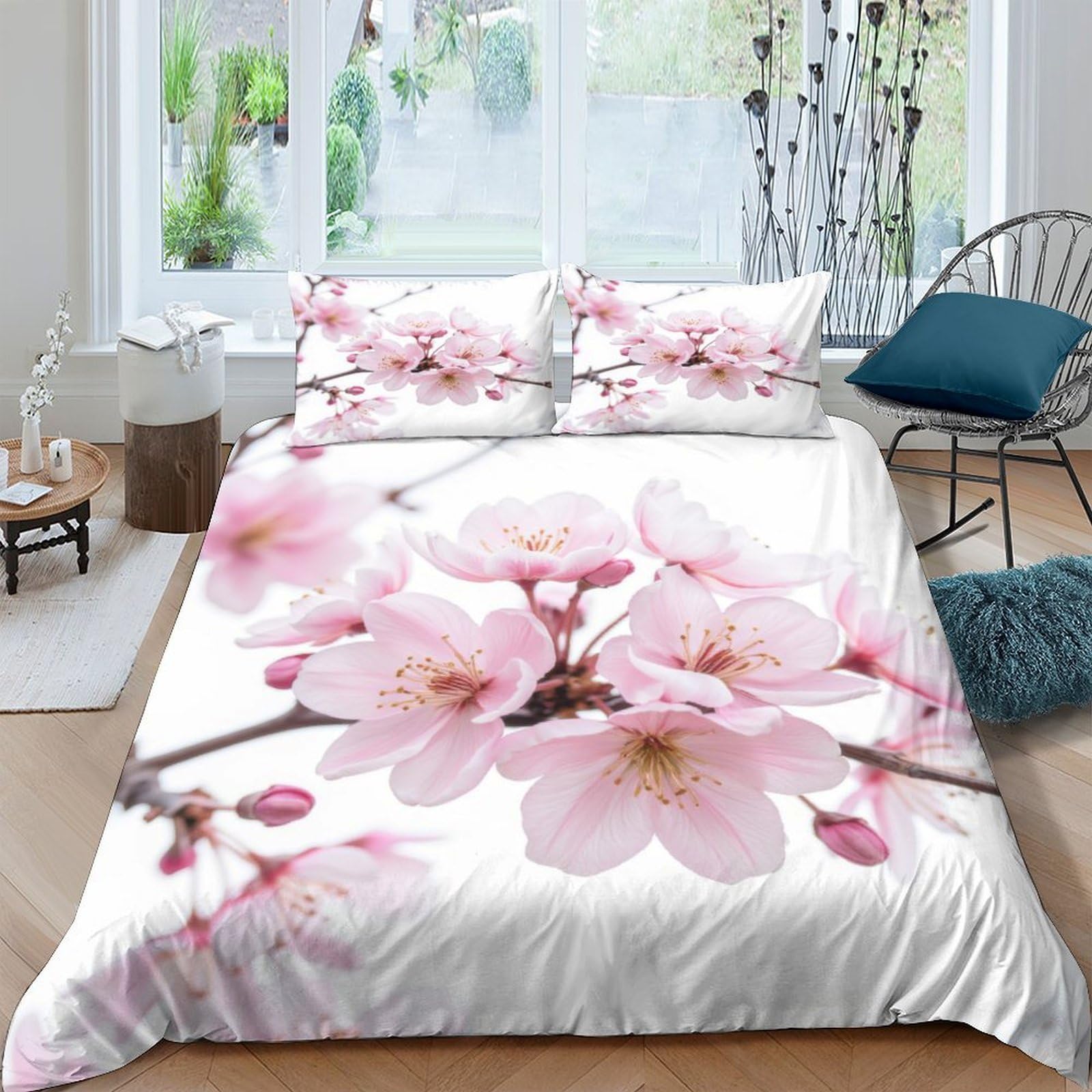 GPLZQXKJNH 3D Printed Sakura Blossom Duvet Cover Microfiber Soft Floral Quilt Cover Set with 2 Pillowcases for Bedroom Decor Single（135x200cm）