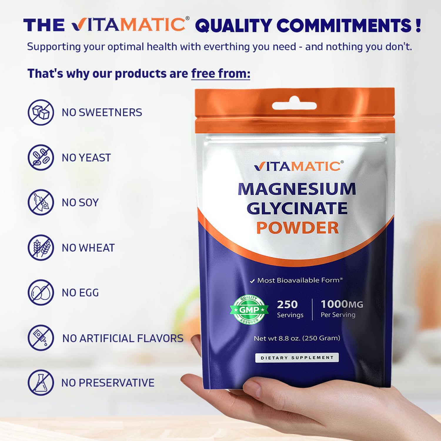 Vitamatic Magnesium (from Glycinate & Oxide) - Supports Muscle, Joint, and Heart Health 250 Grams — Amazon image 6