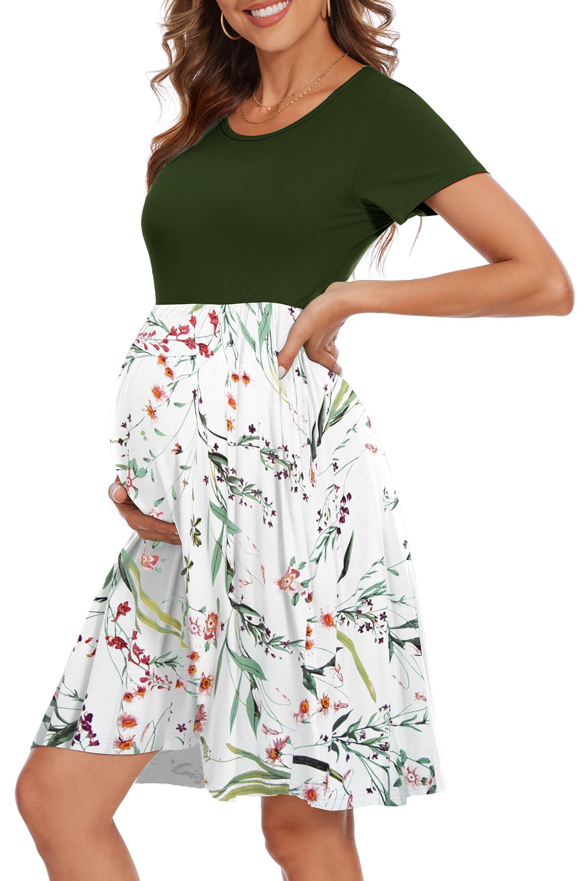 Womens Short Sleeve Maternity Dress Patchwork Pregnancy Clothes with Pockets