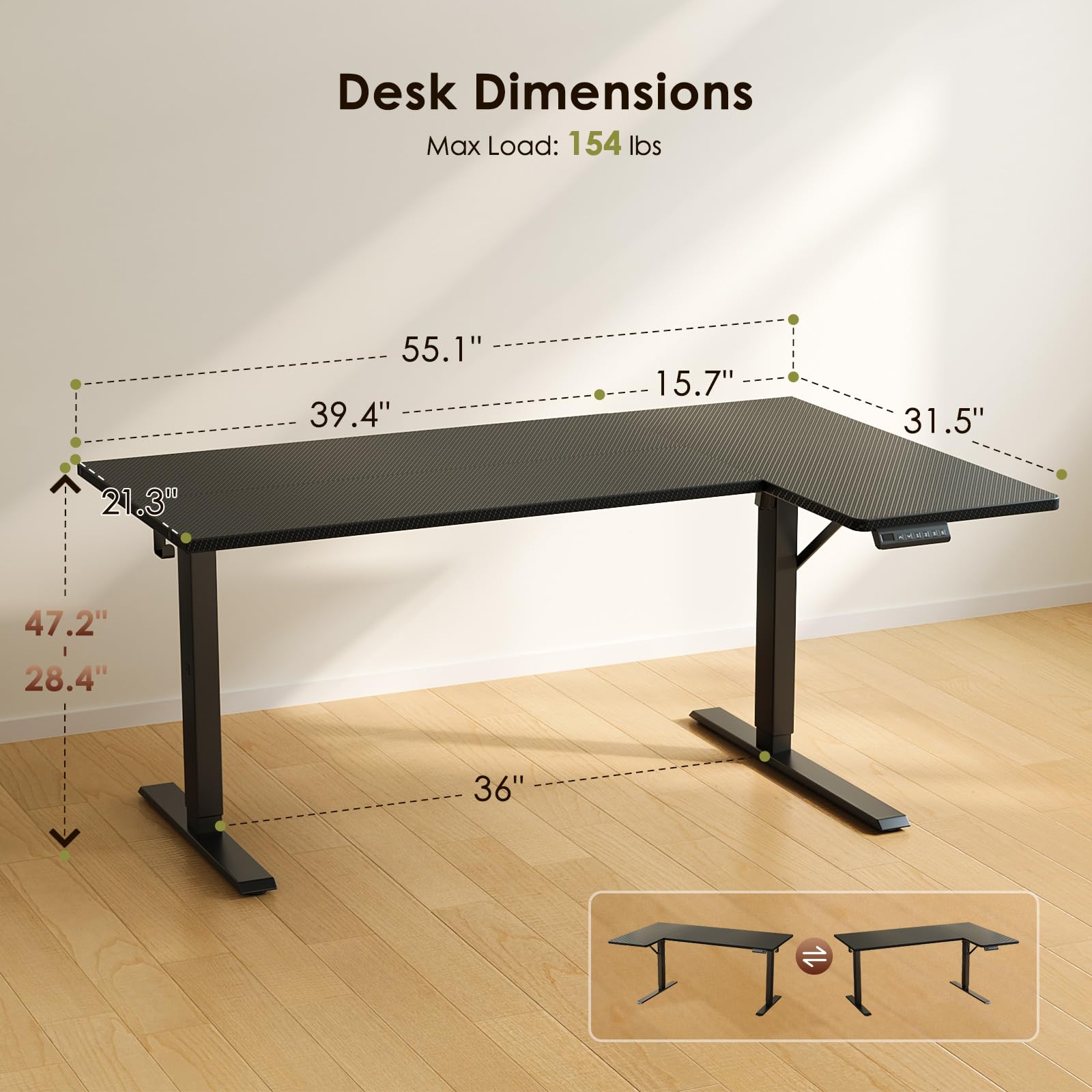 OffiGo Electric L Shaped Standing Desk 55 Inches Height Adjustable Table Reversiable Corner Stand Up Desk Lifting Computer — view 3