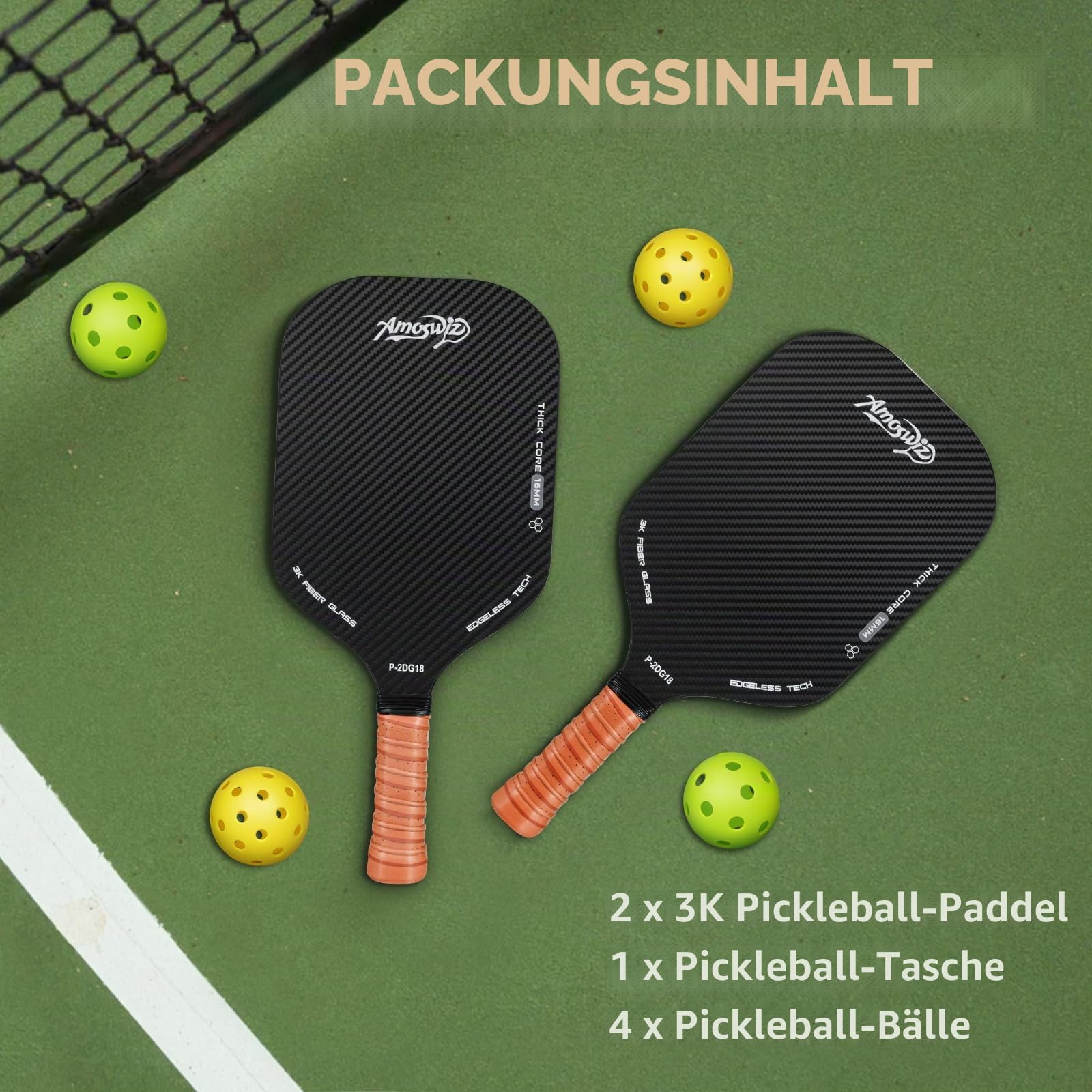 Pickleball-Paddel, 2er-Set, 16 mm, kantenloses Pickle-Ball-Paddel mit 4 Bällen, echte 3K-Karbonoberfläche für Spin und Kontrolle, Geschenk für Männer und Frauen