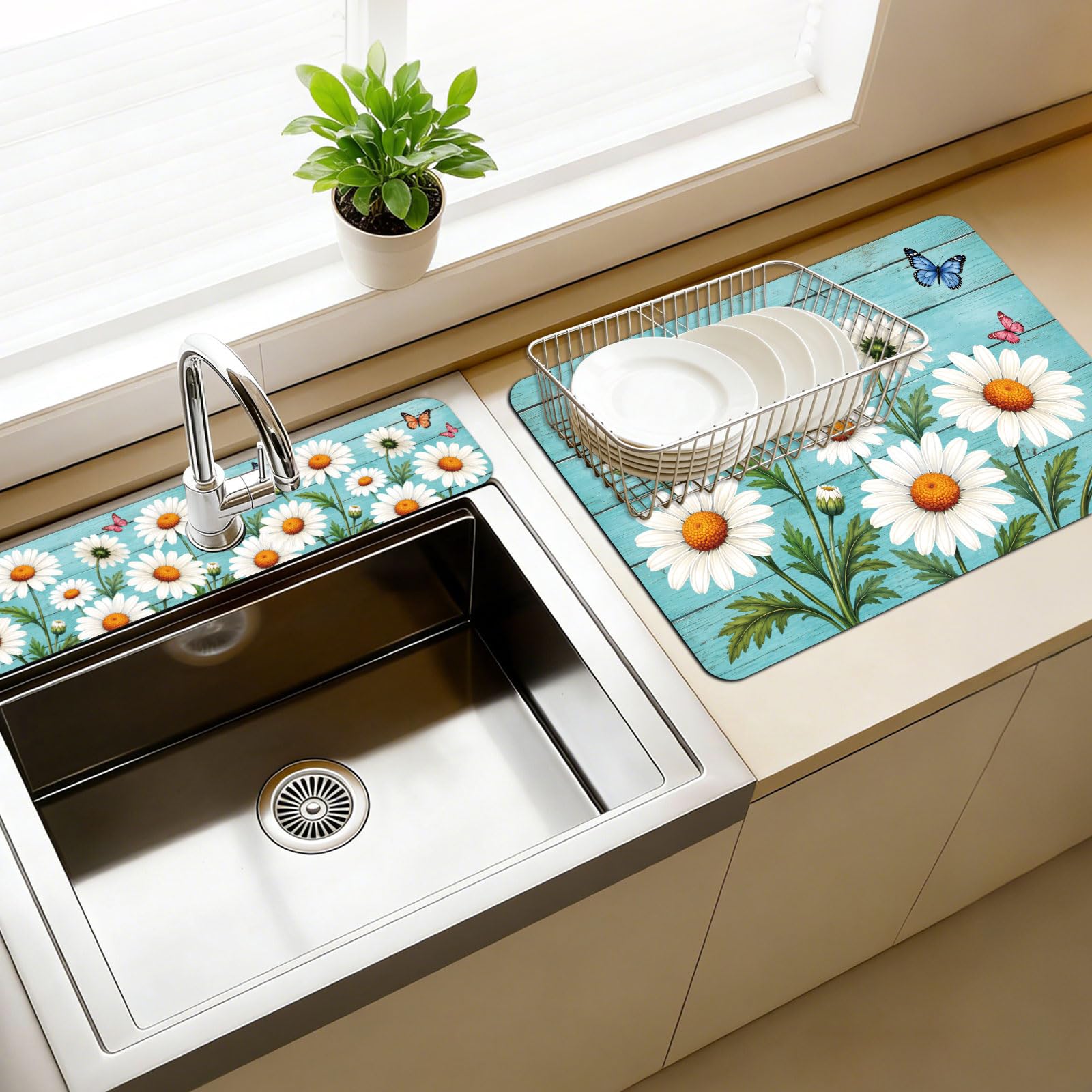 CONCHLERY 3 Pcs Kitchen Sink Splash Guard Faucet Mat Daisies Flowers Pattern Faucet Mat Dish Drying Mats for Sinks Flower Absorbing Drying Mats for Kitchen Bathroom