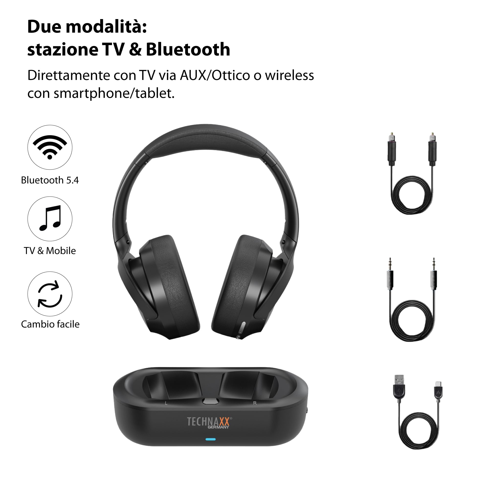 Technaxx Cuffie TV wireless con base di ricarica – Cuffie Bluetooth 5.4 Over-Ear con microfono, 30h autonomia, USB-C, ingresso ottico e AUX – Ideali per TV, anziani e musica - TX-350