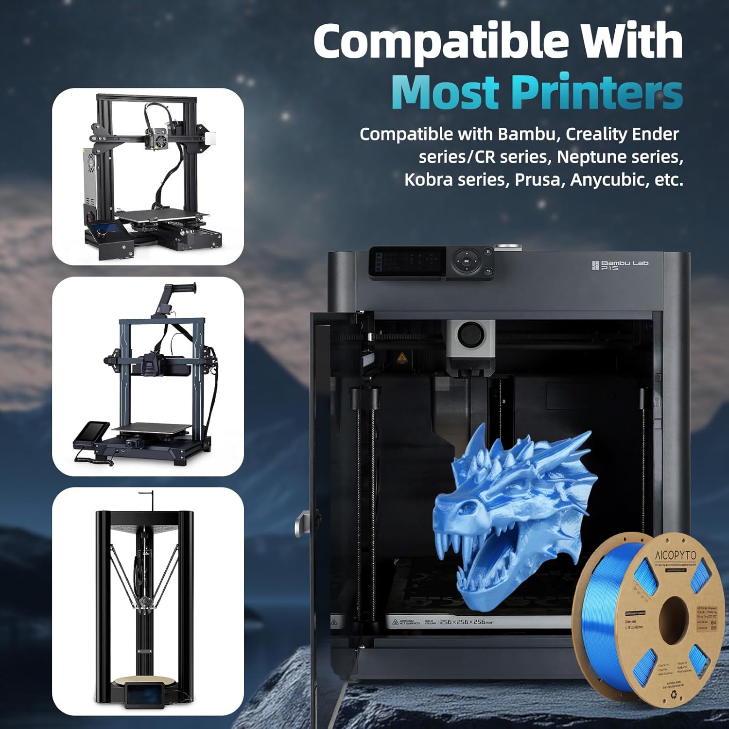 Silk Blue PLA Filament 1.75mm, 3D Printer Filament Silk PLA 1KG Spool (2.2lbs) Dimensional Accuracy Probability +/- 0.02mm Fits for Most FFF 3D Printers - Blue PLA Silk - Image 5