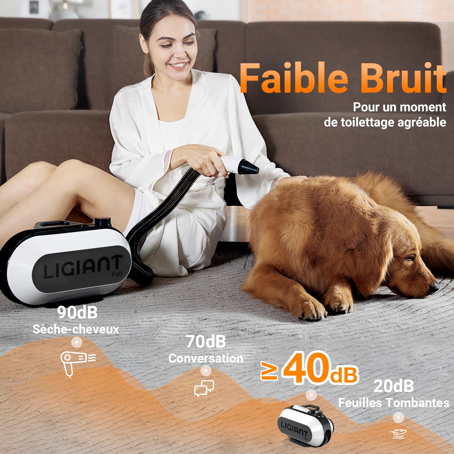 LIGIANT P40 Asciugacapelli per Cani Blower, Ultra Silenzioso (40 Db modalità Gatto), 3 Bocchette in 1, velocità & Temperatura Regolabili, Tecnologia a Ioni Negativi, Compatto e per Cani e Gatti