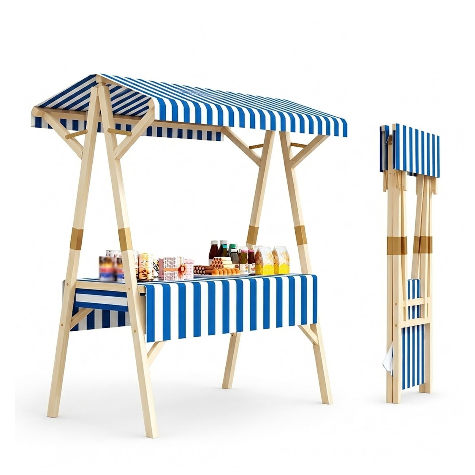 WYHBXD Portable Vendor Stand Food Cart, Folding Market Stall with Canopy & Shelves, Solid Wood Street Booth for Lemonade, Coffee, Ice Cream, Snacks, Pop-up Retail Events & Festivals(Blue,150cm/59)