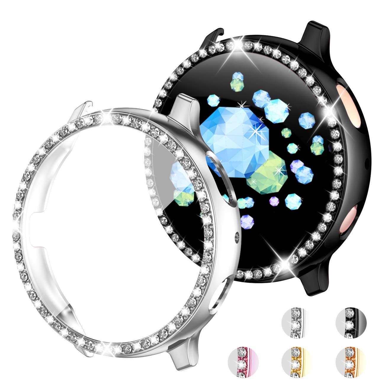 GEAK Diamond Protector Compatible with Samsung Galaxy Watch Active 2 40mm Case, Crystal Plated PC Bezel Bumper Shell with HD Screen Protector for Galaxy Active 2 Watch 40mm Diamond Case Black/Silver