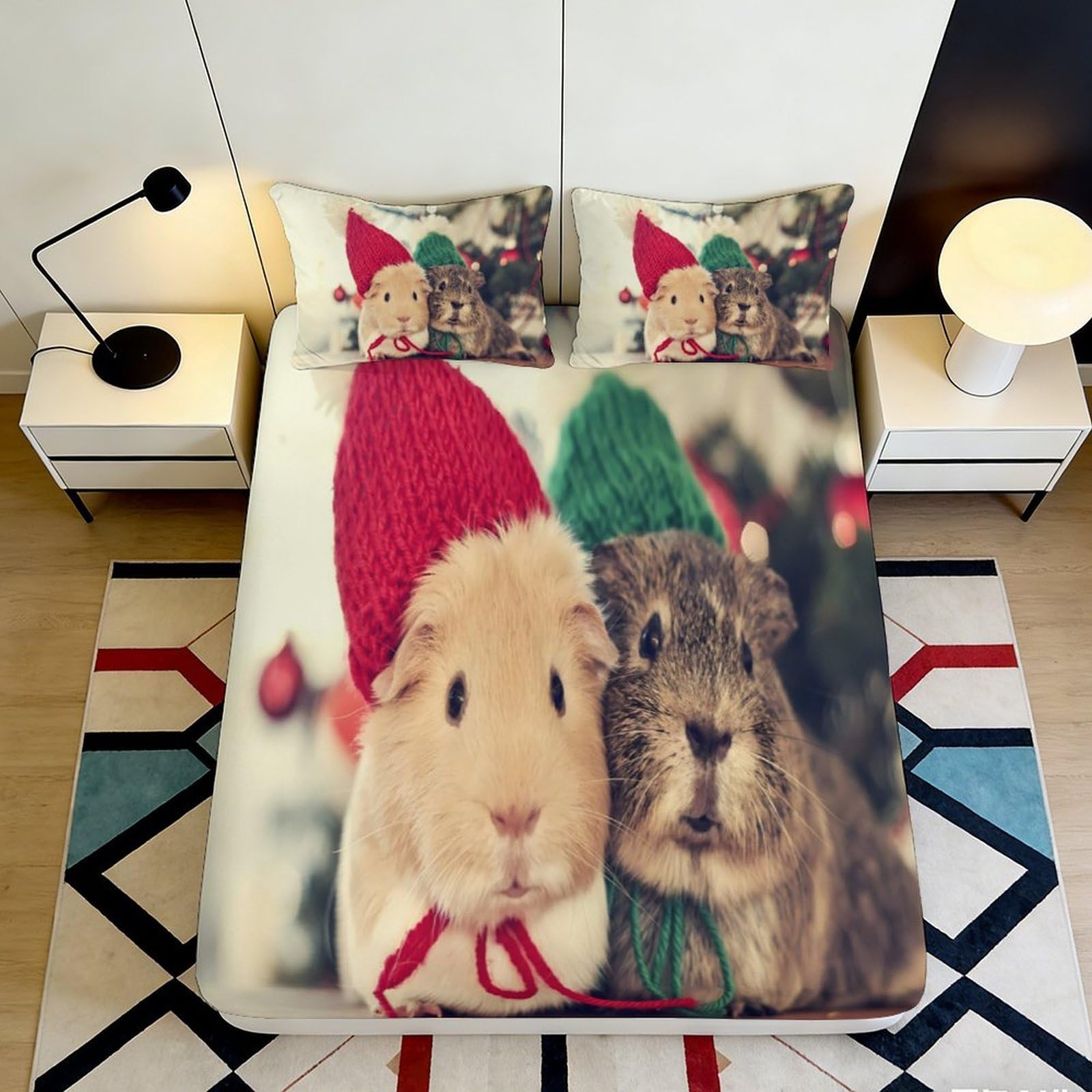 3D Printed Christmas Hamster Fitted Sheet Microfiber Deep Pocket Non-Slip Hamster Mattress Fitted Cover Elastic Hem Bedding for Adults 90x200x25cm