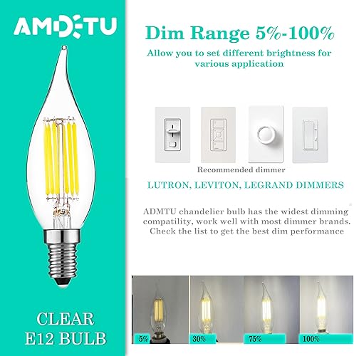 Miniatura 4 de AMDTU 4000k LED Chandelier Light Bulbs,Dimmable E12 Daylight White,6w 60Watt Equivalent for Dining Room,Kitchen 6pack,LED Candelabra Light Bulbs