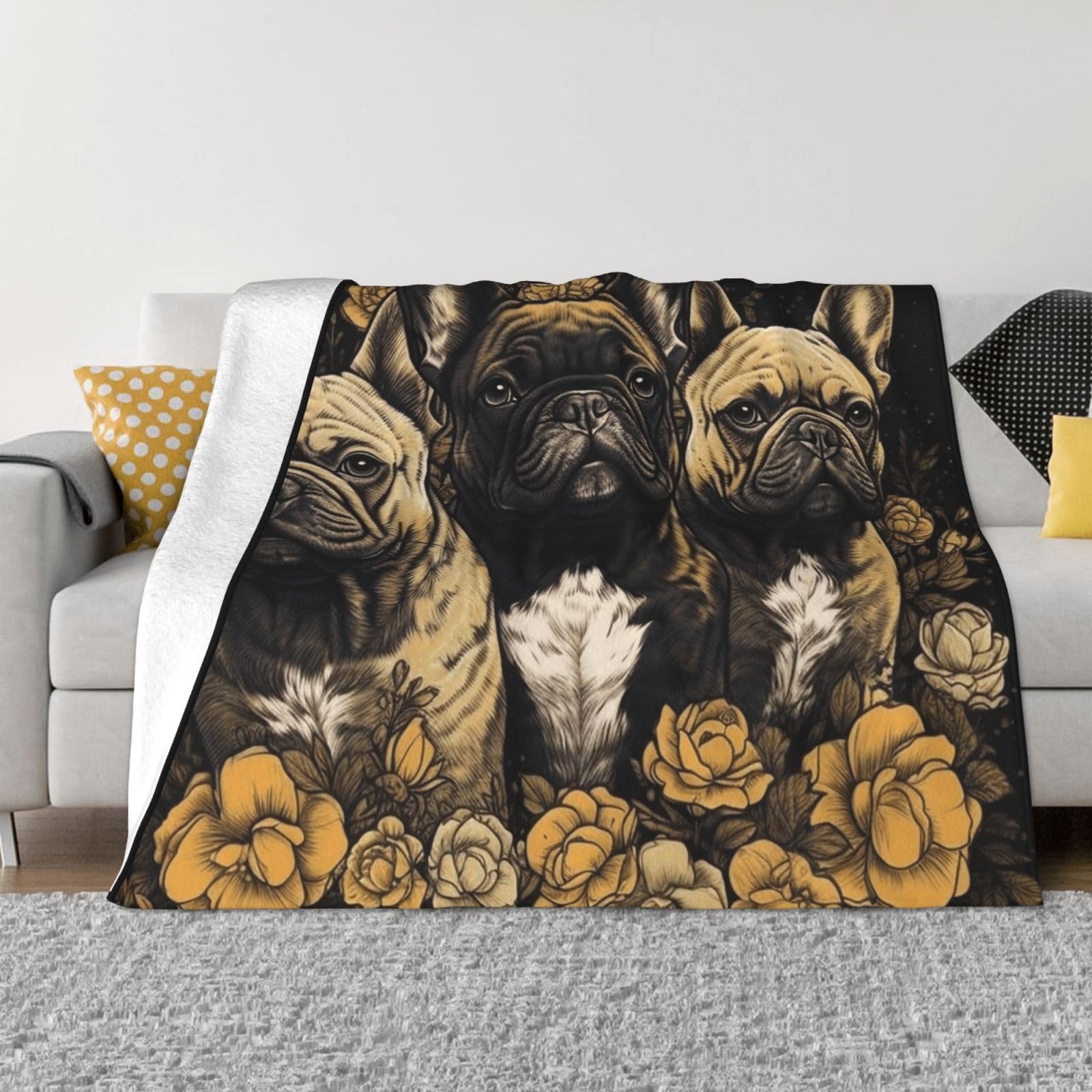 KLOPH Three French Bulldogs Throw Blanket 80"x60" Flannel Fluffy Warm Blanket for Couch, Reversible Plush Blankets for Bed, Comfy Fuzzy Blanket for Sofa, Plush Lightweight-Blankets for All Season